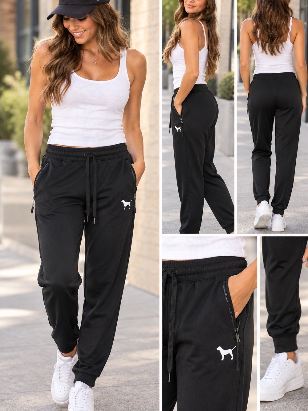PINK Victoria's Secret Black Track Joggers with White Dog Logo